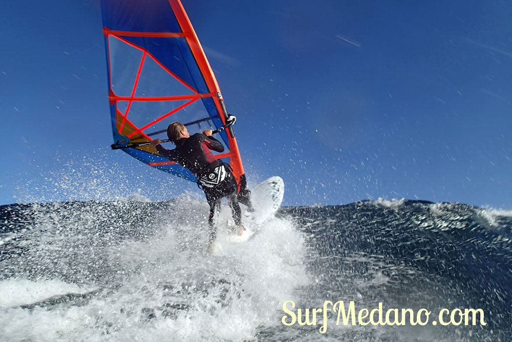 Wave riding at Harbour Wall aka Muelle in El Medano Tenerife