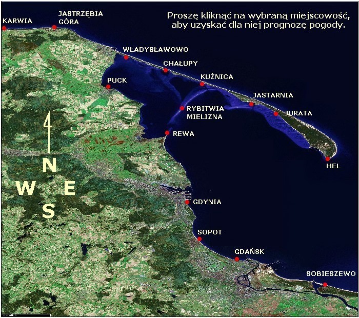 Mapa Zatoki Gdańskiej i Puckiej. Kliknij na tej mapie w wybraną miejscowość, a uzyskasz dla niej prognozę pogody