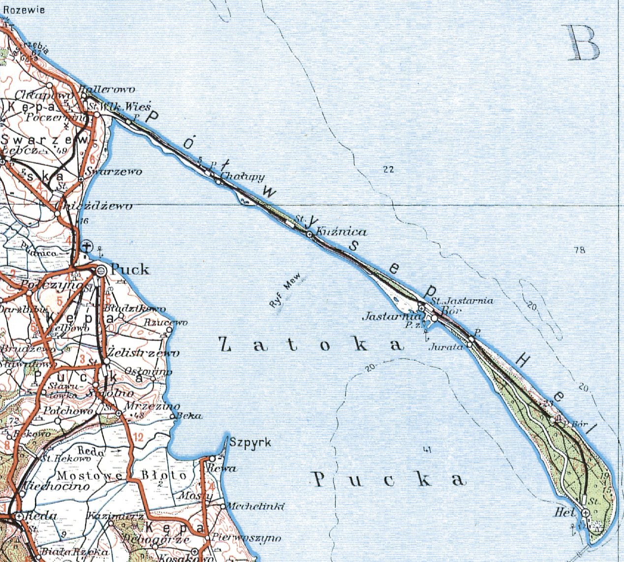 Mapa Jastarni i Pwyspu Helskiego z roku 1934